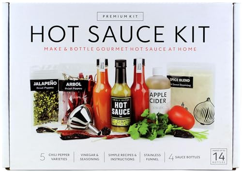 Premium Hot Sauce Making Kit, 5 Varieties of Peppers, Jalapeno Habanero, Gourmet Spice Blend, 4 Bottles, Fun Labels, Make your own hot sauce, DIY Gift for Dad (Premium Kit)