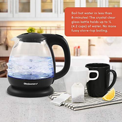 Elite Gourmet EKT1001 Electric 1.0L BPA-Free 1100W Glass Kettle Cordless 360° Base, Stylish Blue LED Interior, Handy Auto Shut-Off Function – Quickly Boil Water For Tea & More, Black