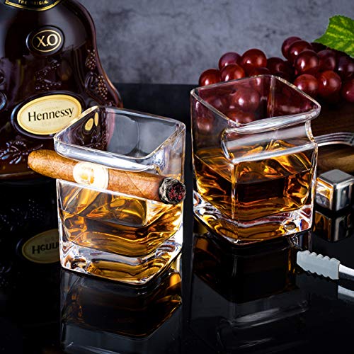 YouYah Cigar Whiskey Glasses with Cigar Holder-Set of 2,Cigar Accessories,Crystal Whisky Glass Set with Indented Cigar Rest,Premium Rocks Glass,for Brandy,Cocktail,Vodka,Bourbon,Gifts for Men(9.5oz)