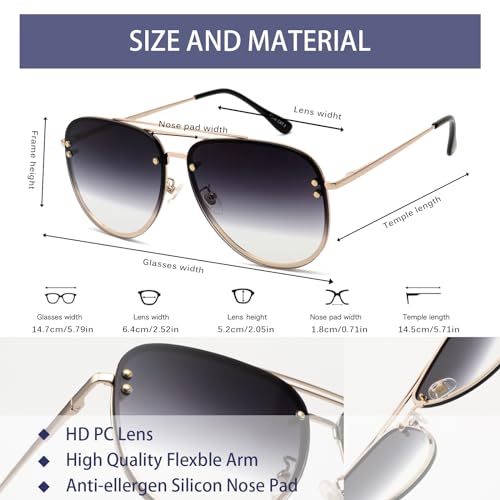 Premium Rimless Oversized Aviator Sunglasses for Women, Polarized PC Lens UV Protection Women’s Shade VF2203