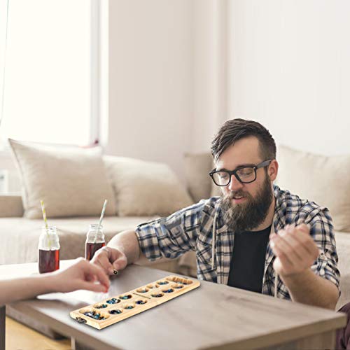 AMEROUS Wooden Mancala Board Game Set - Folding Board - 72+8 Bonus Multi Color Glass Stones - Gift Package - Mancale Instructions, Portable Travel Board Game for Kids and Adults