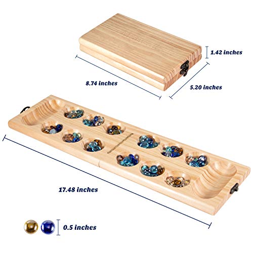 AMEROUS Wooden Mancala Board Game Set - Folding Board - 72+8 Bonus Multi Color Glass Stones - Gift Package - Mancale Instructions, Portable Travel Board Game for Kids and Adults