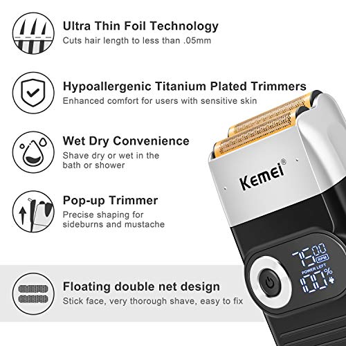 Kemei Foil Professional Electric Shaver for Men Razor with Bald Trimmer Cordless Shavers Rechargeble LED Display 2 in 1, Father Day Gifts