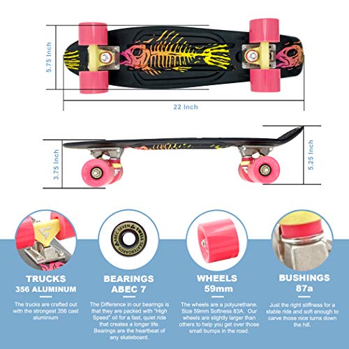 22 inch and 28 Inch Plastic Retro Mini Cruiser Complete Skateboard for Beginners, Boys, Girls, Youths, Teens, Adults, and College Students.