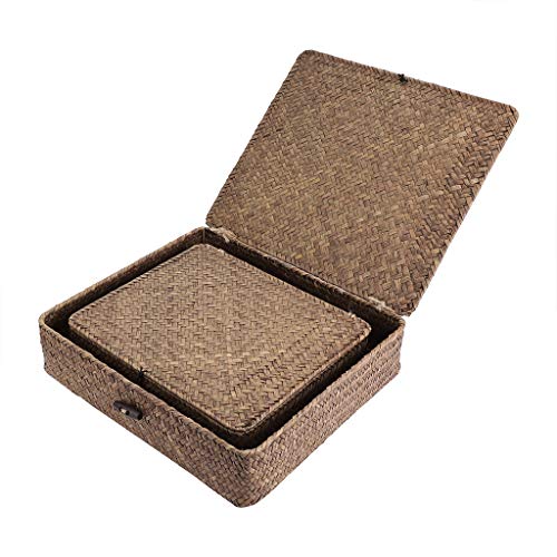 Hipiwe Set of 2 Flat Woven Wicker Storage Bins with Lid Natural Seagrass Basket Multipurpose Home Boxes for Shelf Organizer (Coffee)