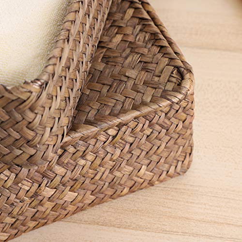 Hipiwe Set of 2 Flat Woven Wicker Storage Bins with Lid Natural Seagrass Basket Multipurpose Home Boxes for Shelf Organizer (Coffee)