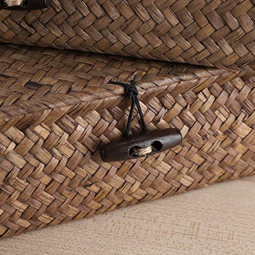 Hipiwe Set of 2 Flat Woven Wicker Storage Bins with Lid Natural Seagrass Basket Multipurpose Home Boxes for Shelf Organizer (Coffee)