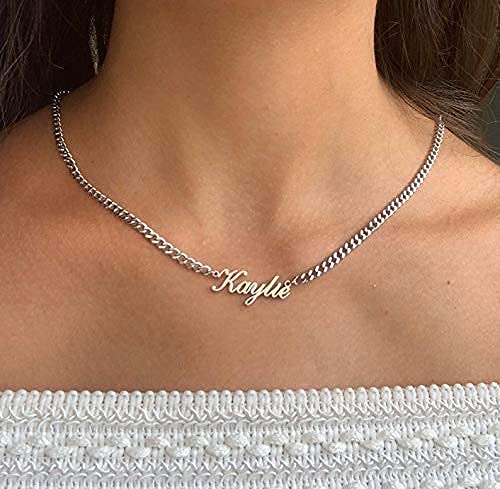 Name Necklace Personalized with Curb Chain, Dainty Custom Necklace with Name for Women 925 Sterling Silver Gothic Style Customized Nameplate Necklace Gift for Christmas