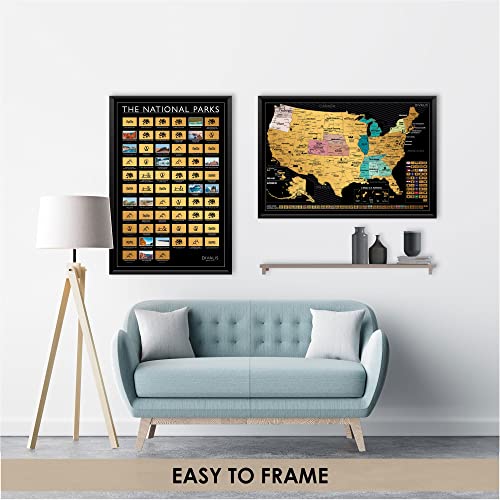 2 in 1 Gift Set - Scratch off US Map and 63 National Parks Poster - 24x16 Easy to Frame Scratchable United States of America Posters - Globetrotters Wall Map - Black and Gold Travel Tracker