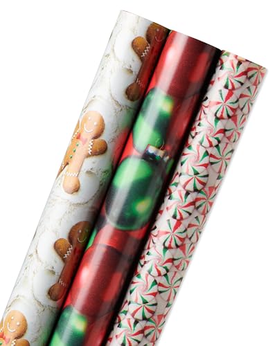 American Greetings 120 sq. ft. Vintage Christmas Wrapping Paper Bundle, Gingerbread, Ornaments, Peppermints (3 Extra Wide Rolls 40 in. x 12 ft.)