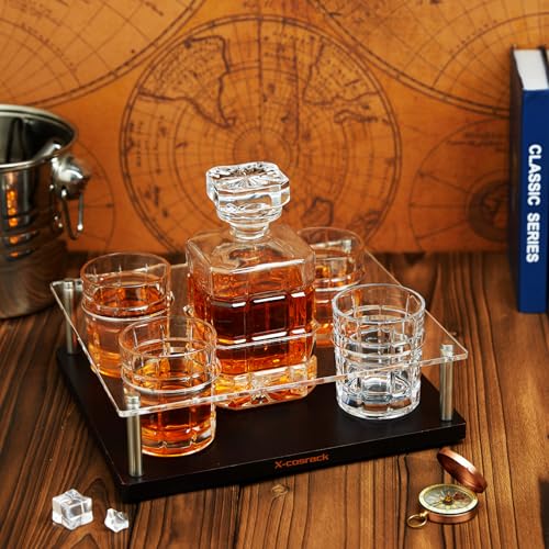 Whiskey Decanter Set With Glasses, Whiskey Glasses Set of 4 with Wooden Base,Crystal Wine Decanter for Men 750ML