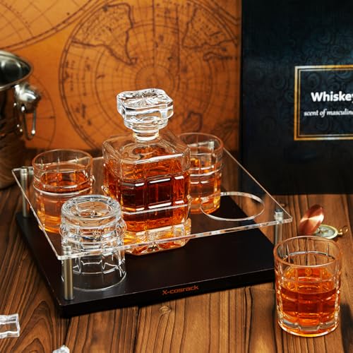 Whiskey Decanter Set With Glasses, Whiskey Glasses Set of 4 with Wooden Base,Crystal Wine Decanter for Men 750ML