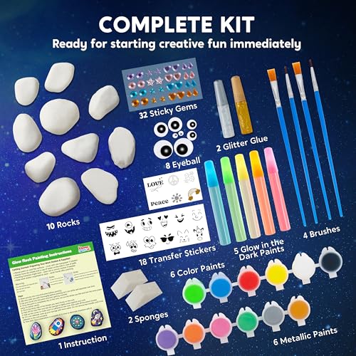 JOYIN 12 Rock Painting Kit- Glow in The Dark Rock Kit, Arts and Crafts for Kids Ages 6-12, Art Supplies, Kids Craft Paint Kits, Arts & Crafts Toy for Boys Girls Birthday Party Gift