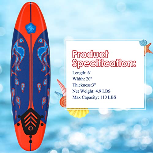 Giantex Surfboard, 6 Ft Stand Up Surfing Board with 3 Detachable Fins, Safety Leash, Non-Slip Lightweight Foam Surfboard for Kids, Teenager, Youth