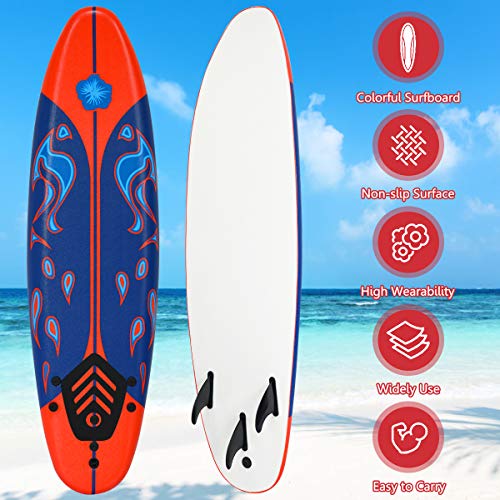 Giantex Surfboard, 6 Ft Stand Up Surfing Board with 3 Detachable Fins, Safety Leash, Non-Slip Lightweight Foam Surfboard for Kids, Teenager, Youth