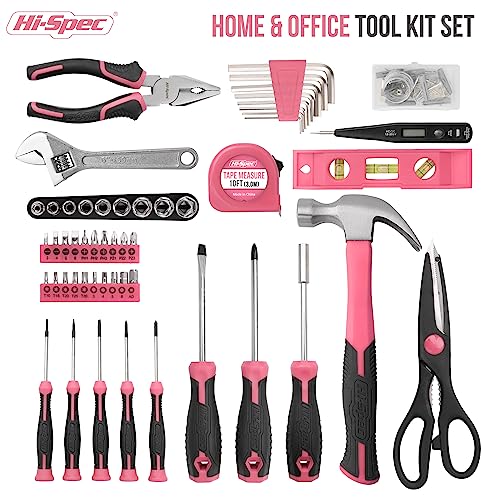 Hi-Spec 54pc Tool Set General Household Toolkit with Toolbox Storage Case, Pink Ladies Basic House DIY Tool Kit Set for Women Home Garage Office College Dormitory Use