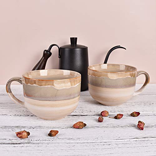 Bosmarlin Large Ceramic Coffee Mug Set of 2, Stoneware Jumbo Latte Mugs for Office and Home, 16 Oz, Dishwasher and Microwave Safe(Brown Grey, 2)