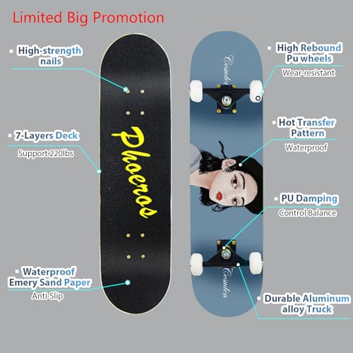 Skateboards -Standard Skateboards for Kids Boys Girls Youths Beginners Starter-Complete Skate Boards 31''x 8''Canadian Maple Pro Cruiser