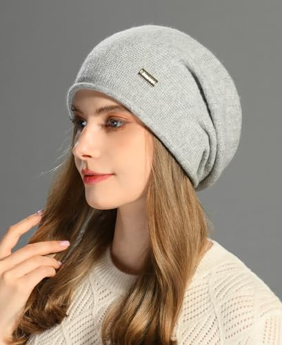 jaxmonoy Cashmere Slouchy Knit Beanie Hat for Women Winter Soft Warm Ladies Fleece Wool Knitted Skull Beanies Cap - Light Grey