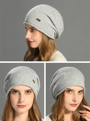 jaxmonoy Cashmere Slouchy Knit Beanie Hat for Women Winter Soft Warm Ladies Fleece Wool Knitted Skull Beanies Cap - Light Grey