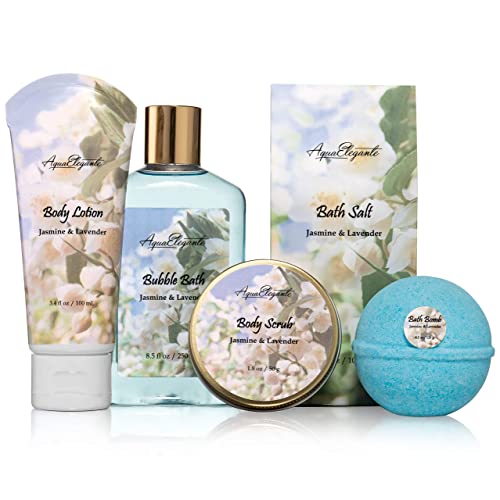 Spa Baskets For Women - Luxury Bath Set With Jasmine & Lavender - Spa Kit Includes Wash, Bubble Bath, Lotion, Bath Salts, Body Scrub, Body Spray, Shower Puff, Bathbombs, Soap and Towel