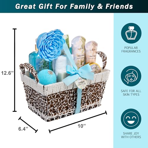 Spa Baskets For Women - Luxury Bath Set With Jasmine & Lavender - Spa Kit Includes Wash, Bubble Bath, Lotion, Bath Salts, Body Scrub, Body Spray, Shower Puff, Bathbombs, Soap and Towel