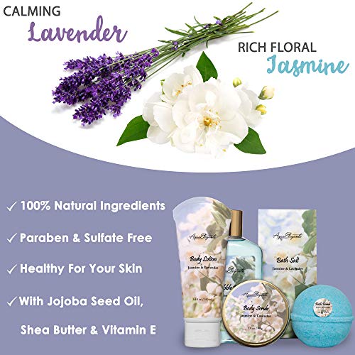 Spa Baskets For Women - Luxury Bath Set With Jasmine & Lavender - Spa Kit Includes Wash, Bubble Bath, Lotion, Bath Salts, Body Scrub, Body Spray, Shower Puff, Bathbombs, Soap and Towel