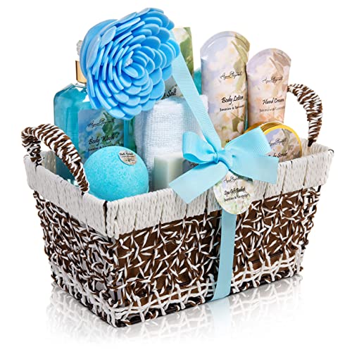 Spa Baskets For Women - Luxury Bath Set With Jasmine & Lavender - Spa Kit Includes Wash, Bubble Bath, Lotion, Bath Salts, Body Scrub, Body Spray, Shower Puff, Bathbombs, Soap and Towel