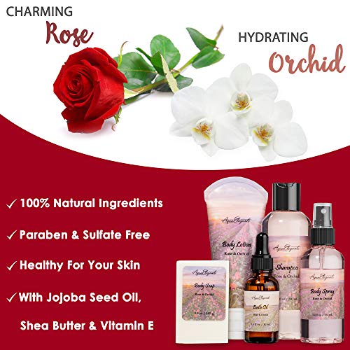 Bath Spa Gift Sets - Luxury Basket With Rose Oil & Orchid - Spa Kit Includes Wash, Bubble Bath, Lotion, Bath Salts, Body Scrub, Body Spray, Shower Puff, Bathbombs, Soap and Towel