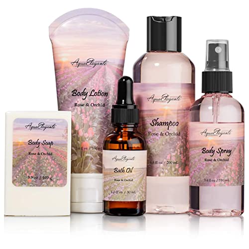 Bath Spa Gift Sets - Luxury Basket With Rose Oil & Orchid - Spa Kit Includes Wash, Bubble Bath, Lotion, Bath Salts, Body Scrub, Body Spray, Shower Puff, Bathbombs, Soap and Towel