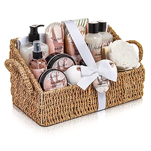 Bath Spa Gift Sets - Luxury Basket With Coconut & Vanilla - Spa Kit Includes Wash, Bubble Bath, Lotion, Bath Salts, Body Scrub, Shower Puff, Bathbombs, Soap and Towel