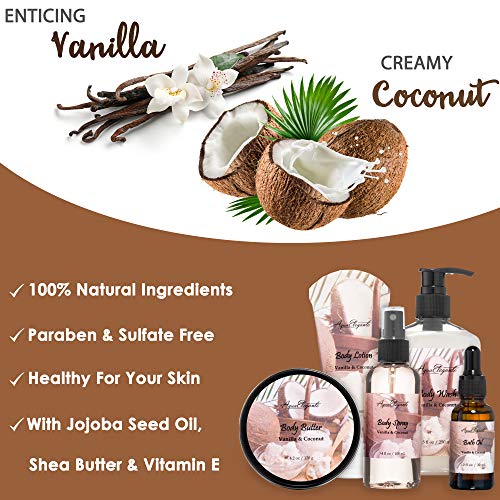 Spa Gift Baskets For Women - Luxury Bath Set With Coconut & Vanilla - Spa Kit Includes Body Wash, Bubble Bath, Lotion, Body Butter, Soap, Body Spray, Shower Puff, and Towel