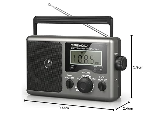 Greadio Portable Shortwave Radio with Best Reception,AM FM Transistor,LCD Display,Time Setting,Battery Operated by 4 D Cell Batteries or AC Power,Big Speaker,Earphone Jack for Gift,Elder,Home