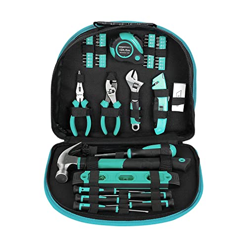 Amazon Basics Tool Set With Easy Carrying Round Pouch, 104-Piece, Turquoise, 14.4 x 11.4 x 3 inches