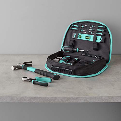 Amazon Basics Tool Set With Easy Carrying Round Pouch, 104-Piece, Turquoise, 14.4 x 11.4 x 3 inches