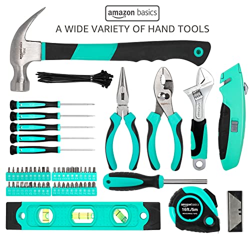 Amazon Basics Tool Set With Easy Carrying Round Pouch, 104-Piece, Turquoise, 14.4 x 11.4 x 3 inches