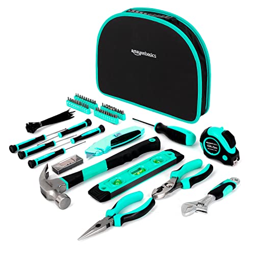 Amazon Basics Tool Set With Easy Carrying Round Pouch, 104-Piece, Turquoise, 14.4 x 11.4 x 3 inches