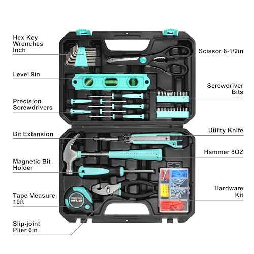 Amazon Basics Household Tool Kit With Storage Case, 142 Piece, Turquoise, 13.39 x 9.25 x 2.95 inch