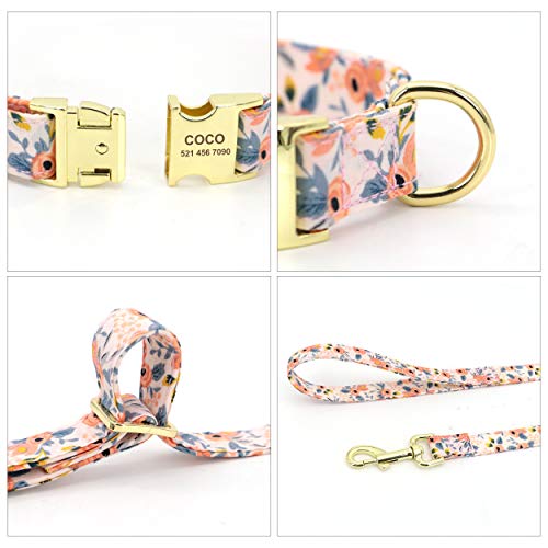 Beirui Custom Flower Girl Dog Collar and Leash Set for Female Dogs- Floral Pattern Engraved Pet Collars with Personalized Gold Buckle(Orange Pattern,S)