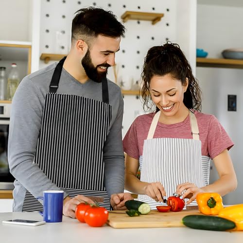 2 Pack Apron, Cotton Cooking Kitchen Aprons, Adjustable Bib Apron with 2 Pockets for Men Women Chef Aprons,(Black/Brown Stripes)