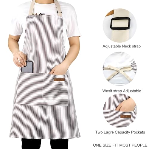 2 Pack Apron, Cotton Cooking Kitchen Aprons, Adjustable Bib Apron with 2 Pockets for Men Women Chef Aprons,(Black/Brown Stripes)