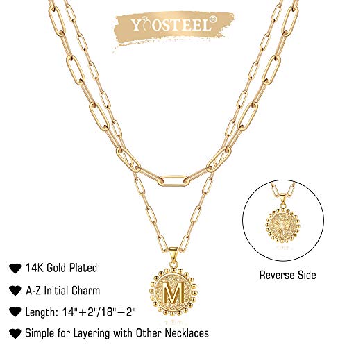 Yoosteel Gold Initial Necklaces for Women Girls, 14K Gold Plated Dainty Layering Paperclip Link Chain Necklace Personalized Coin Initial Layered Gold Necklaces for Women