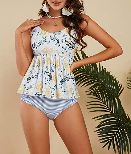 Tutorutor Womens High Waisted Peplum Tankini Swimsuits Retro Ruffle Floral Print Tops Tummy Control 2 Piece Bikini Set