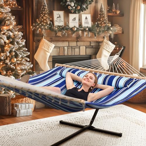 SUNCREAT Two Person Hammock with Stand Heavy Duty, Free Standing Hammocks Outdoors for 2 Person, Max 475lbs Capacity, Blue Stripes