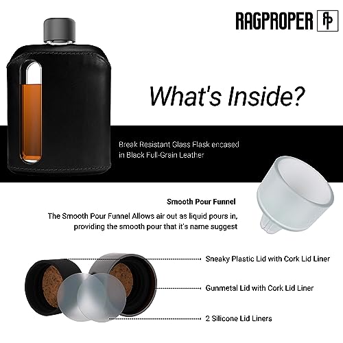 Ragproper Modern Glass Hip Flask - Durable Leather Covered Flask for Whiskey, Spirits, & Other Liquor - Ideal Glass Flask for Men & Women (Single Shot 100ml, Leather Black)