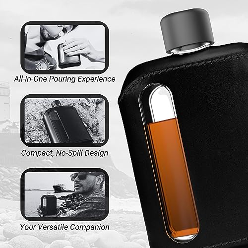 Ragproper Modern Glass Hip Flask - Durable Leather Covered Flask for Whiskey, Spirits, & Other Liquor - Ideal Glass Flask for Men & Women (Single Shot 100ml, Leather Black)