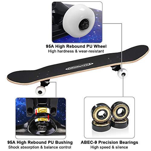 ChromeWheels 31 inch Skateboard Complete Skateboards Double Kick Skate Board 7 Layer Canadian Maple Deck Skateboard for Kids and Beginners