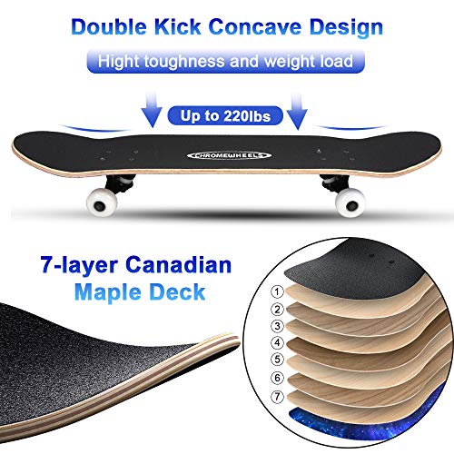 ChromeWheels 31 inch Skateboard Complete Skateboards Double Kick Skate Board 7 Layer Canadian Maple Deck Skateboard for Kids and Beginners