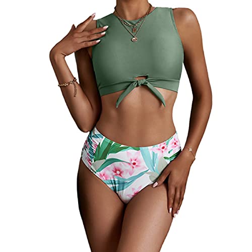 Women's Cut Out Tie Knot Front Scoop High Neck Tank Crop Top Bikini Swimsuit Top Only