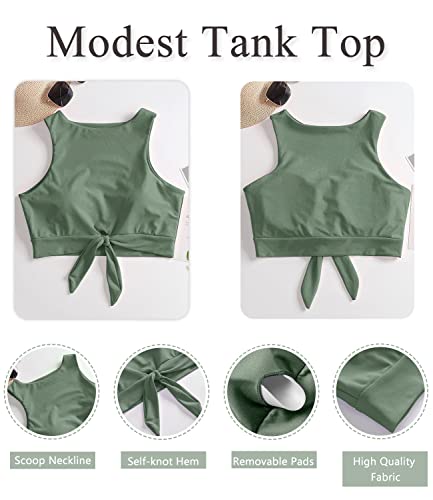 Women's Cut Out Tie Knot Front Scoop High Neck Tank Crop Top Bikini Swimsuit Top Only